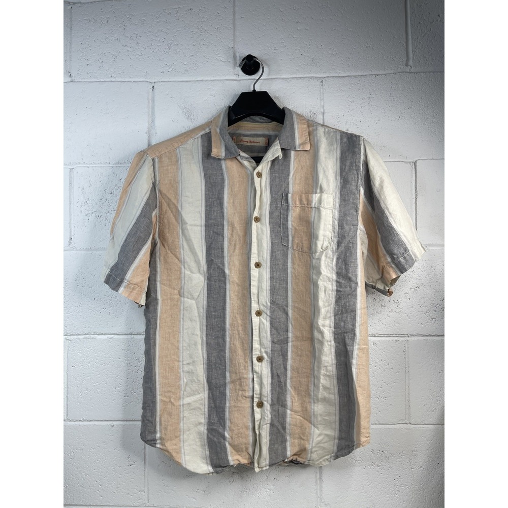 Tommy Bahama Shirt Mens Large L 100% Linen Striped Short Sleeve Button Up Casual